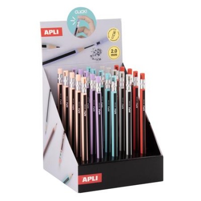 Töltőceruza display, mechanikus, 2 mm, hegyezővel, ceruzahatású, APLI, vegyes színekben, 25 db